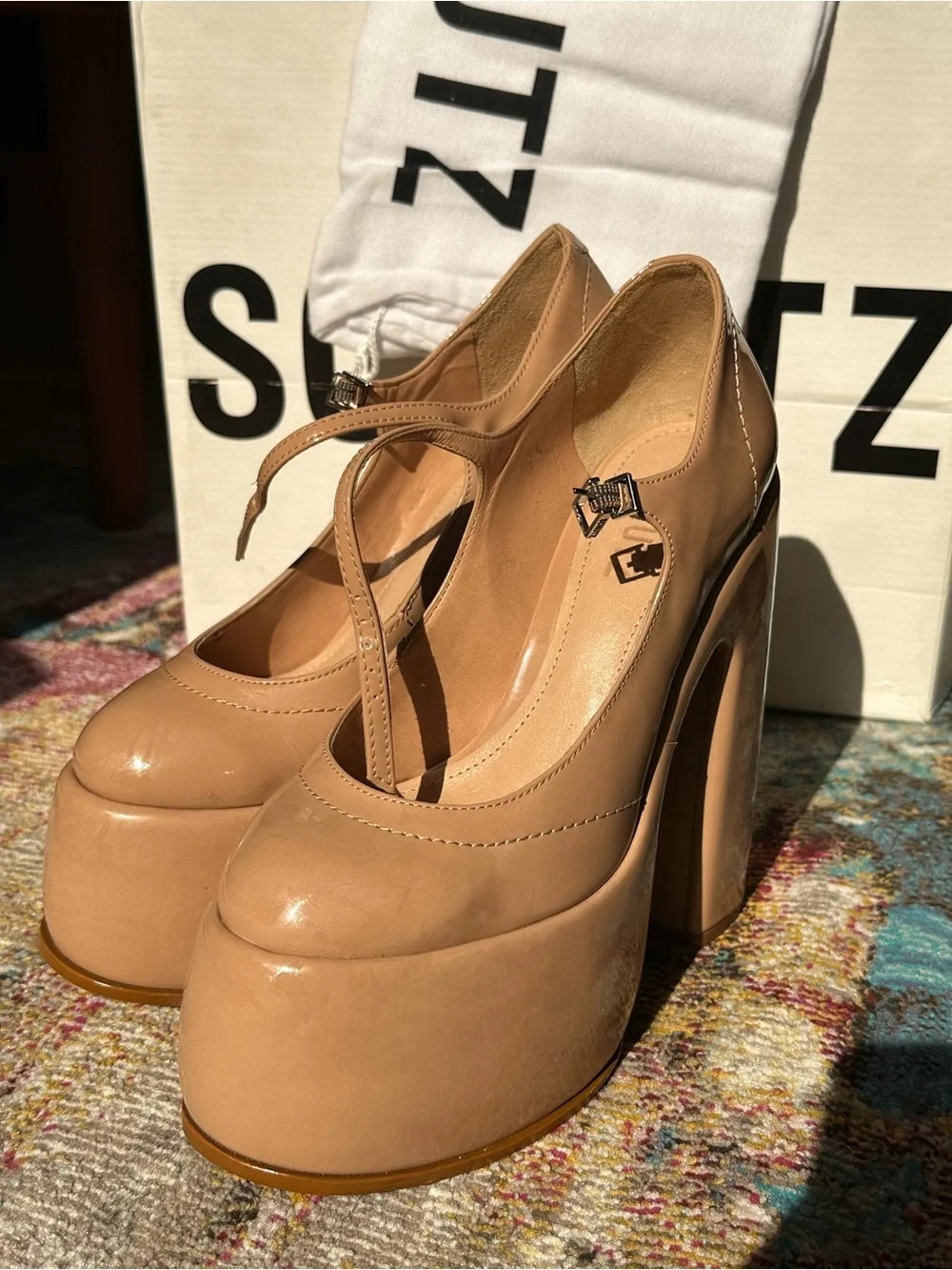 SCHUTZ Zayne Nude Patent Leather Platform Block Heel Pumps – Women’s Size 7